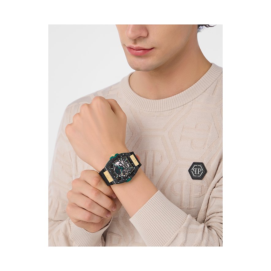 Philipp Plein Herrenuhr mit Edelstahlgehäuse, schwarzem Zifferblatt und Automatikwerk.