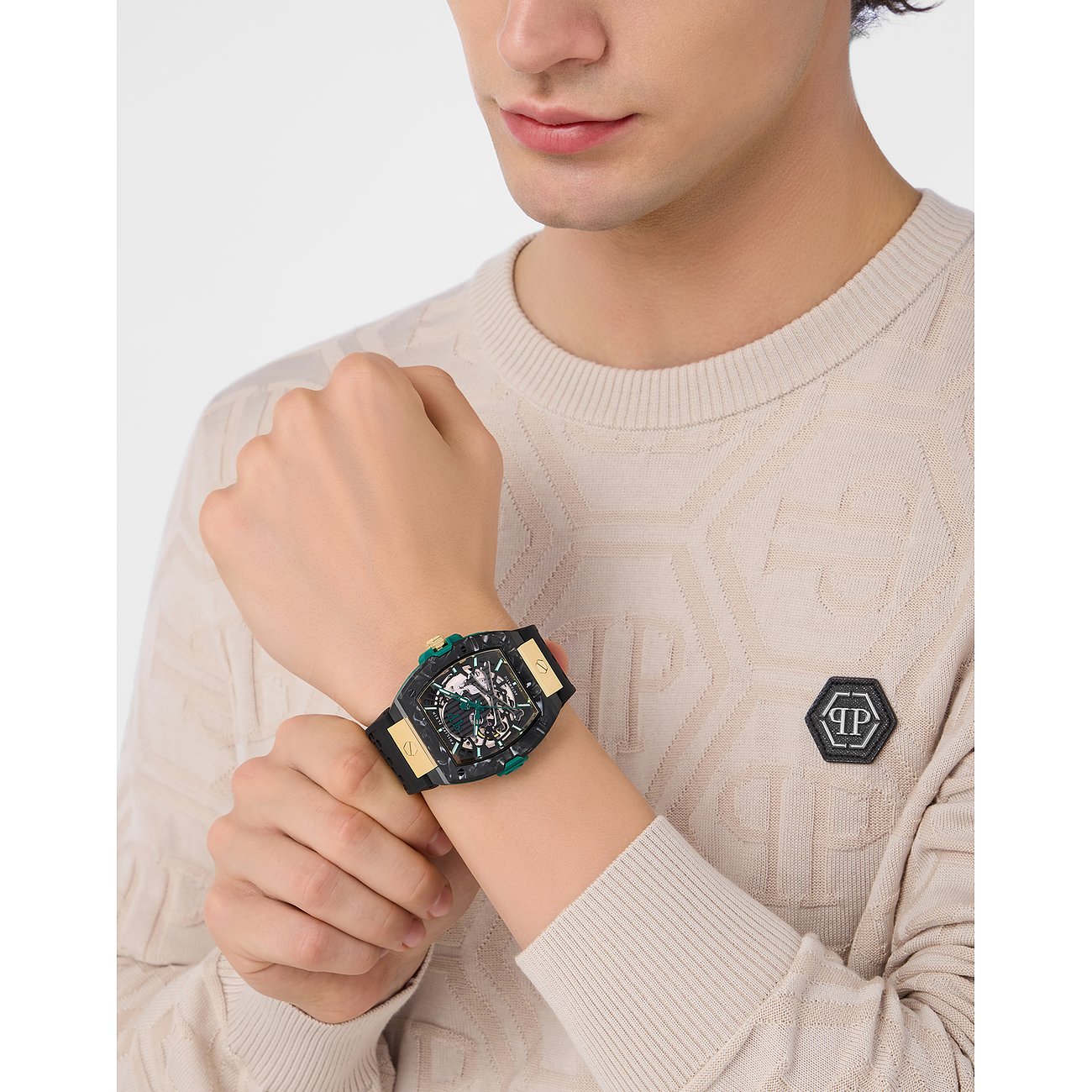 Philipp Plein Herrenuhr mit Edelstahlgehäuse, schwarzem Zifferblatt und Automatikwerk.