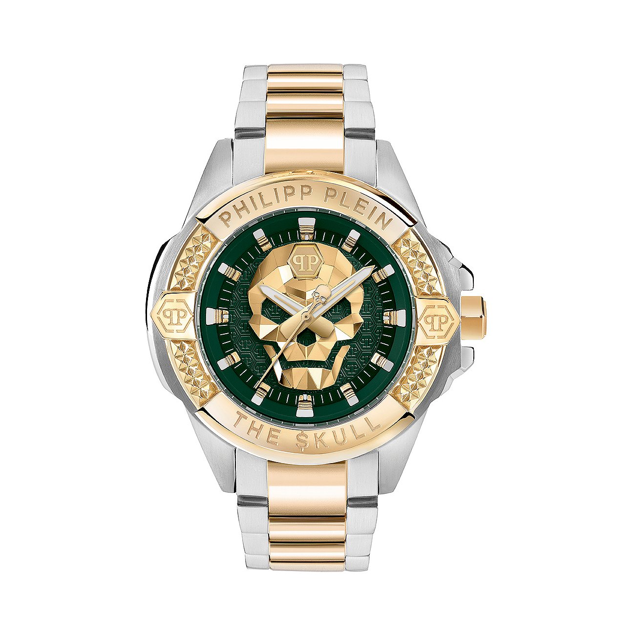 Philipp Plein Herrenuhr mit Edelstahlgehäuse, bicolor, analog, mit Totenkopf-Design.