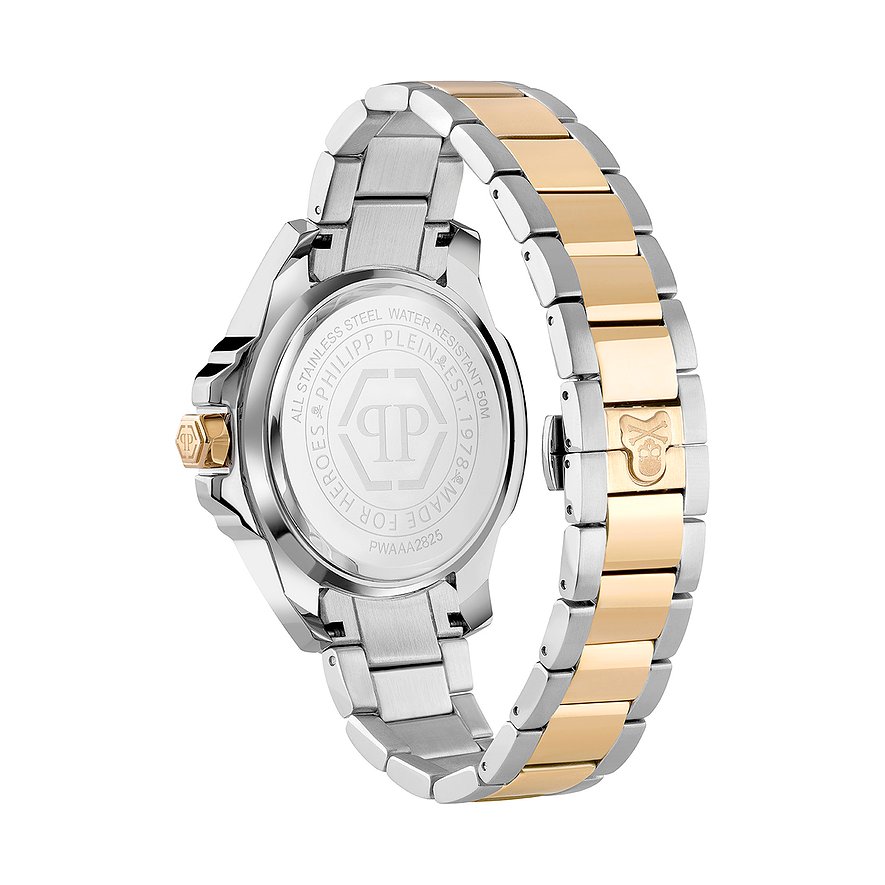 Philipp Plein Herrenuhr aus Edelstahl, bicolor, mit Skull-Symbol.