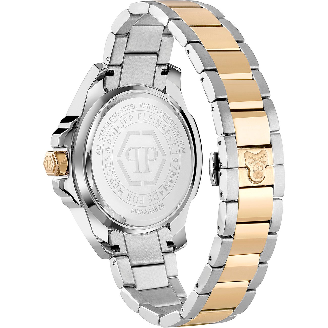 Philipp Plein Herrenuhr aus Edelstahl, bicolor, mit Skull-Symbol.