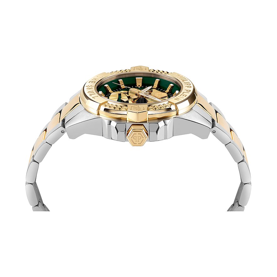 Philipp Plein Herrenuhr mit Edelstahlgehäuse, bicolor, analog mit grüner Lünette.
