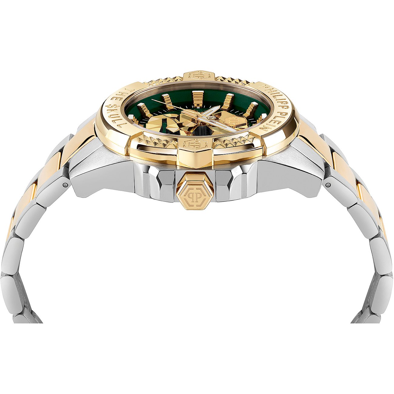 Philipp Plein Herrenuhr mit Edelstahlgehäuse, bicolor, analog mit grüner Lünette.