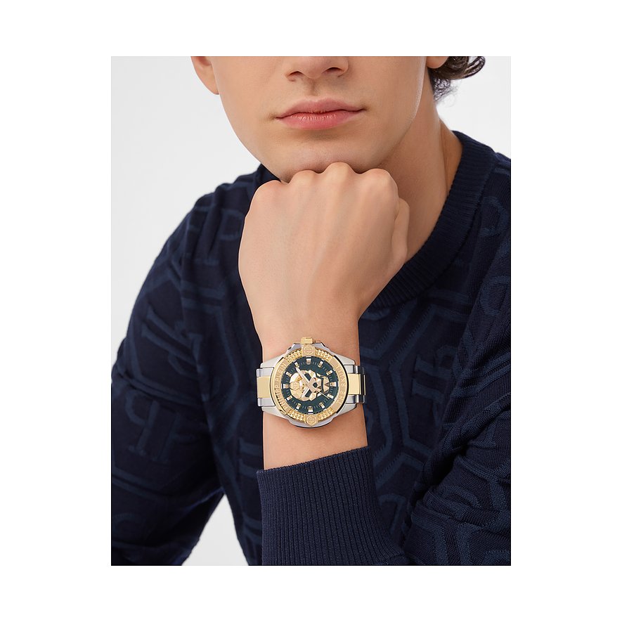 Philipp Plein Herrenuhr mit Edelstahlgehäuse, analog, mit Goldelementen und grünem Zifferblatt.