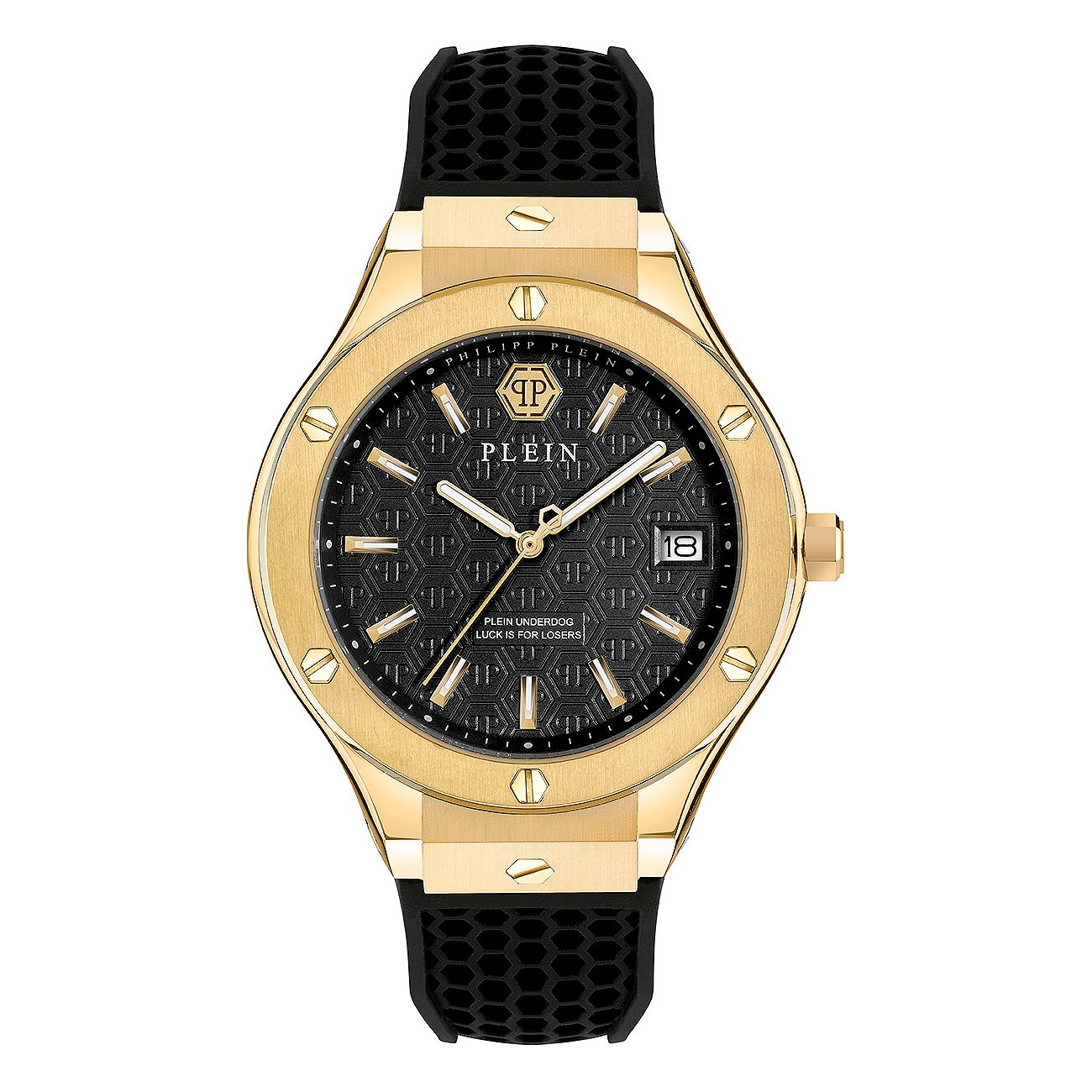 Philipp Plein Herrenuhr mit Edelstahlgehäuse, schwarzem Zifferblatt und analoger Anzeige.