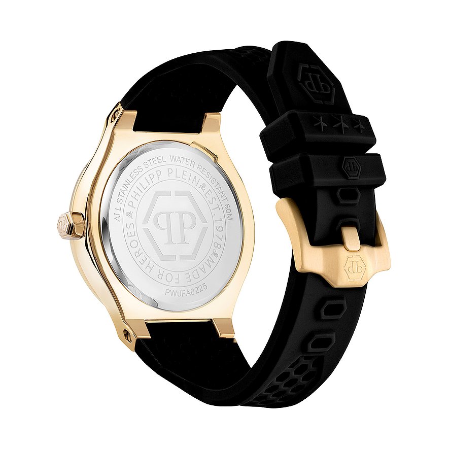 Philipp Plein Herrenuhr aus Edelstahl, goldfarbenes Gehäuse, schwarzes Armband.