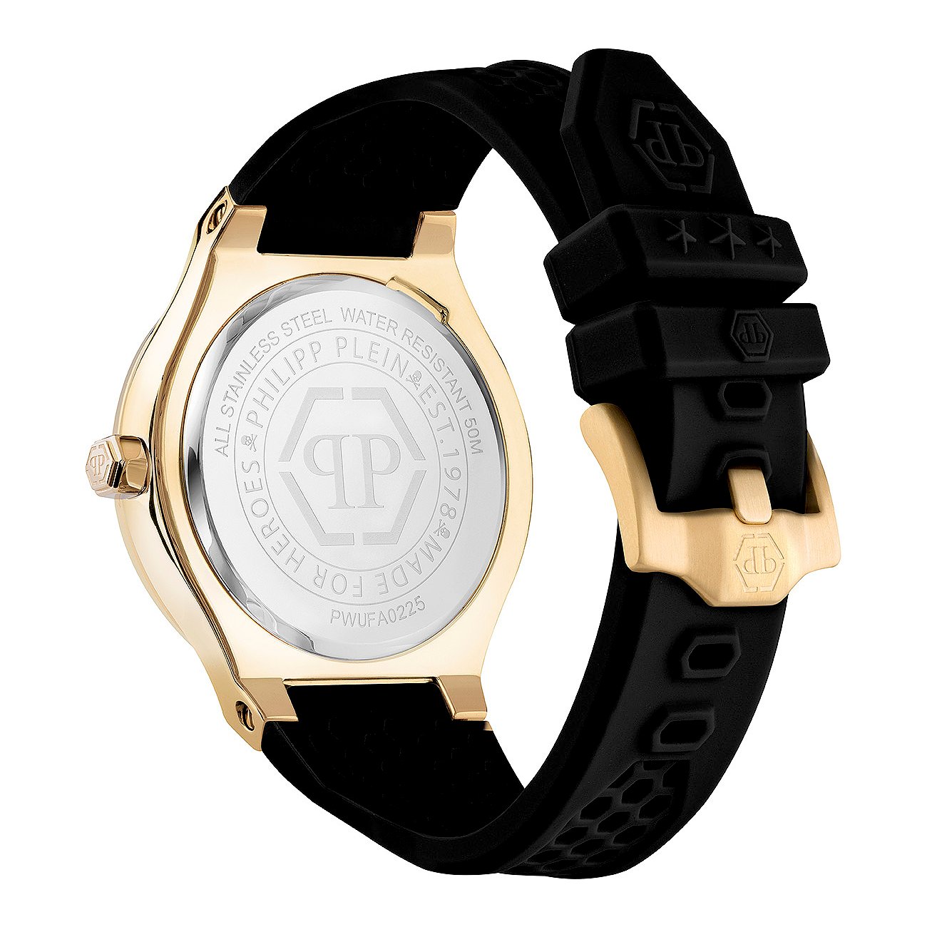 Philipp Plein Herrenuhr aus Edelstahl, goldfarbenes Gehäuse, schwarzes Armband.
