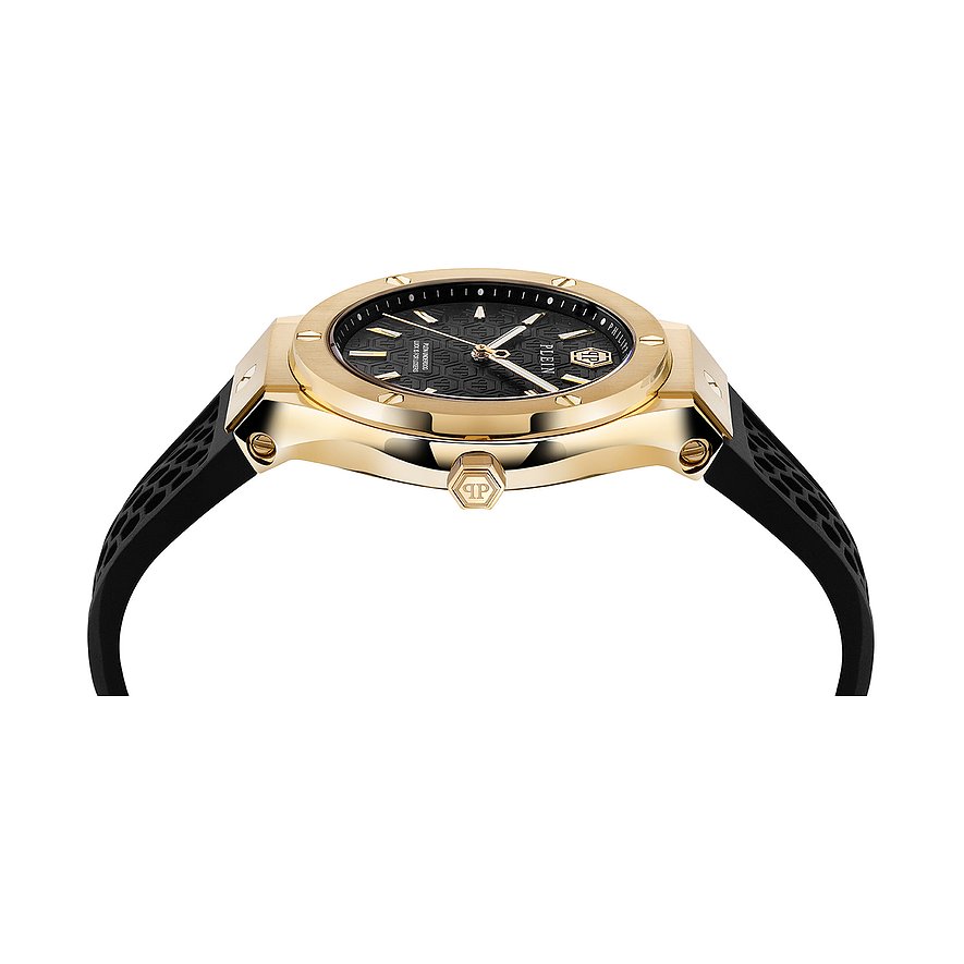 Philipp Plein Herrenuhr mit Edelstahlgehäuse, goldfarben, schwarzes Zifferblatt, analog.