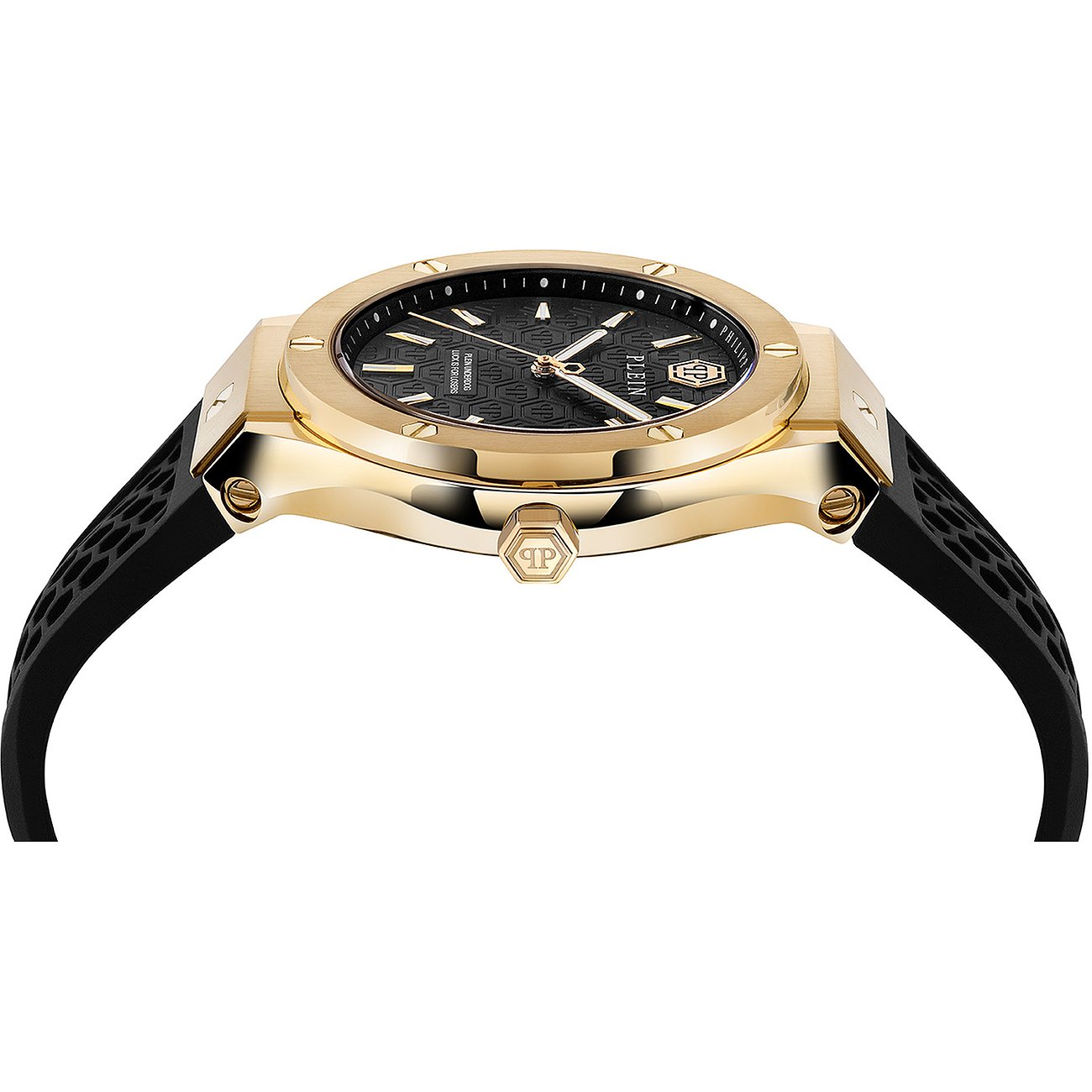 Philipp Plein Herrenuhr mit Edelstahlgehäuse, goldfarben, schwarzes Zifferblatt, analog.