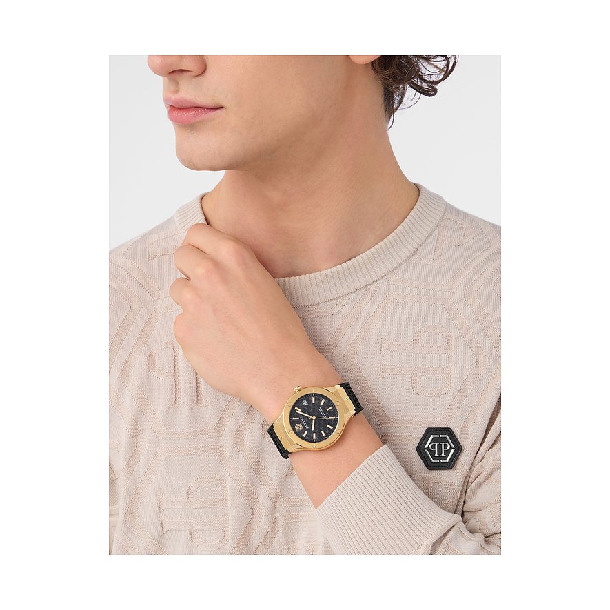 Philipp Plein Herrenuhr mit Edelstahlgehäuse, goldfarben, analog, mit schwarzem Zifferblatt.