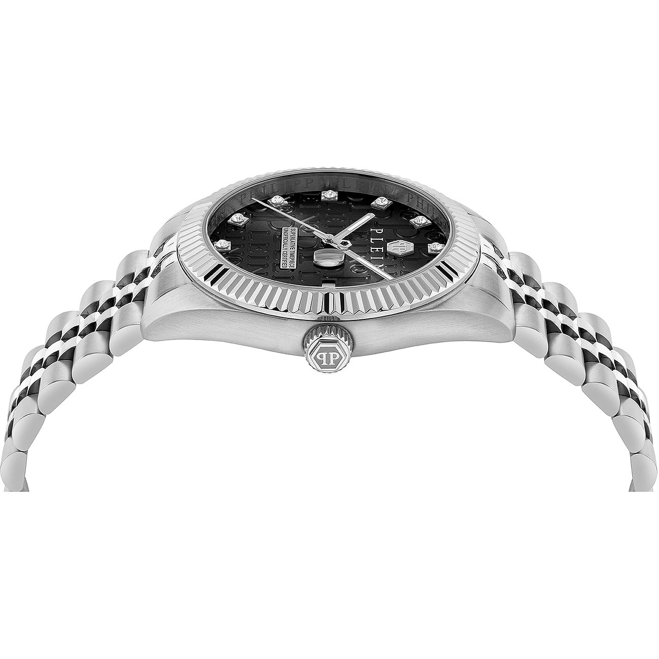 Philipp Plein Herrenuhr mit Edelstahlgehäuse und schwarzem Zifferblatt.