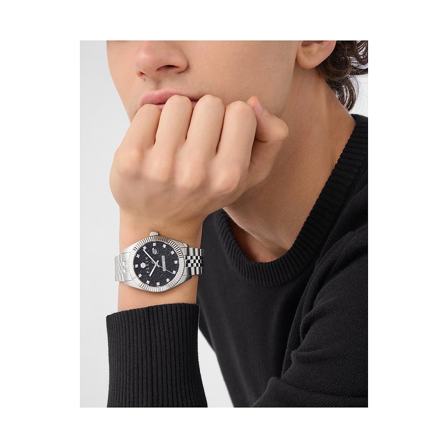 Philipp Plein Herrenuhr mit Edelstahlgehäuse und schwarzem Zifferblatt.