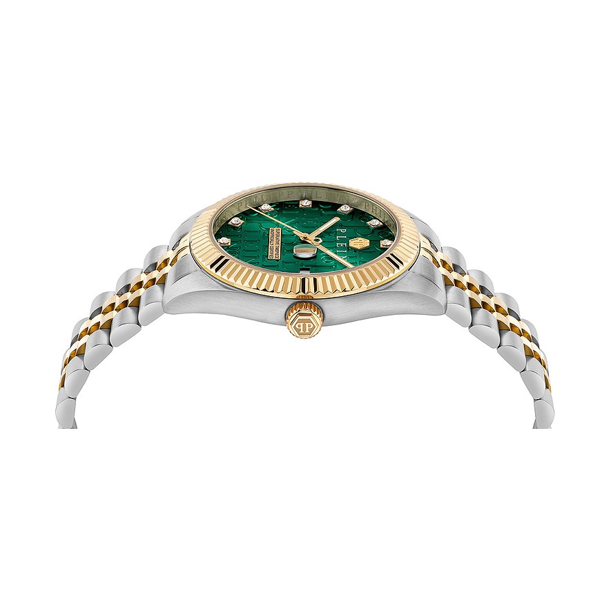 Philipp Plein Herrenuhr mit Edelstahlgehäuse, bicolor und grünen Zifferblatt.