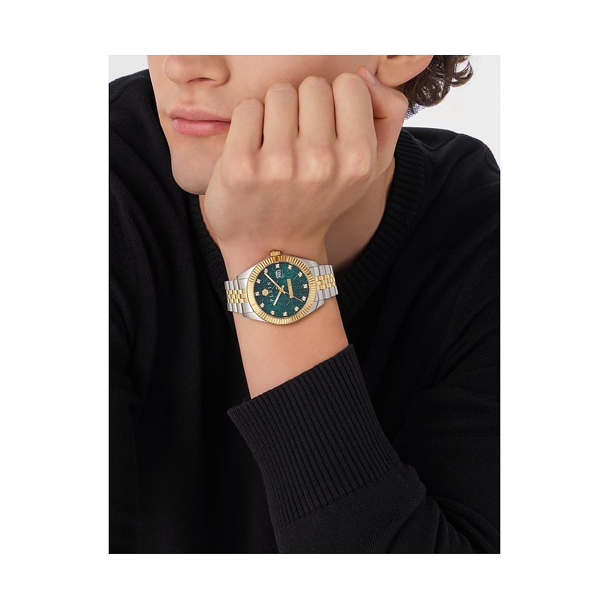 Philipp Plein Herrenuhr mit Edelstahlgehäuse, bicolor, analog, mit Steinen.