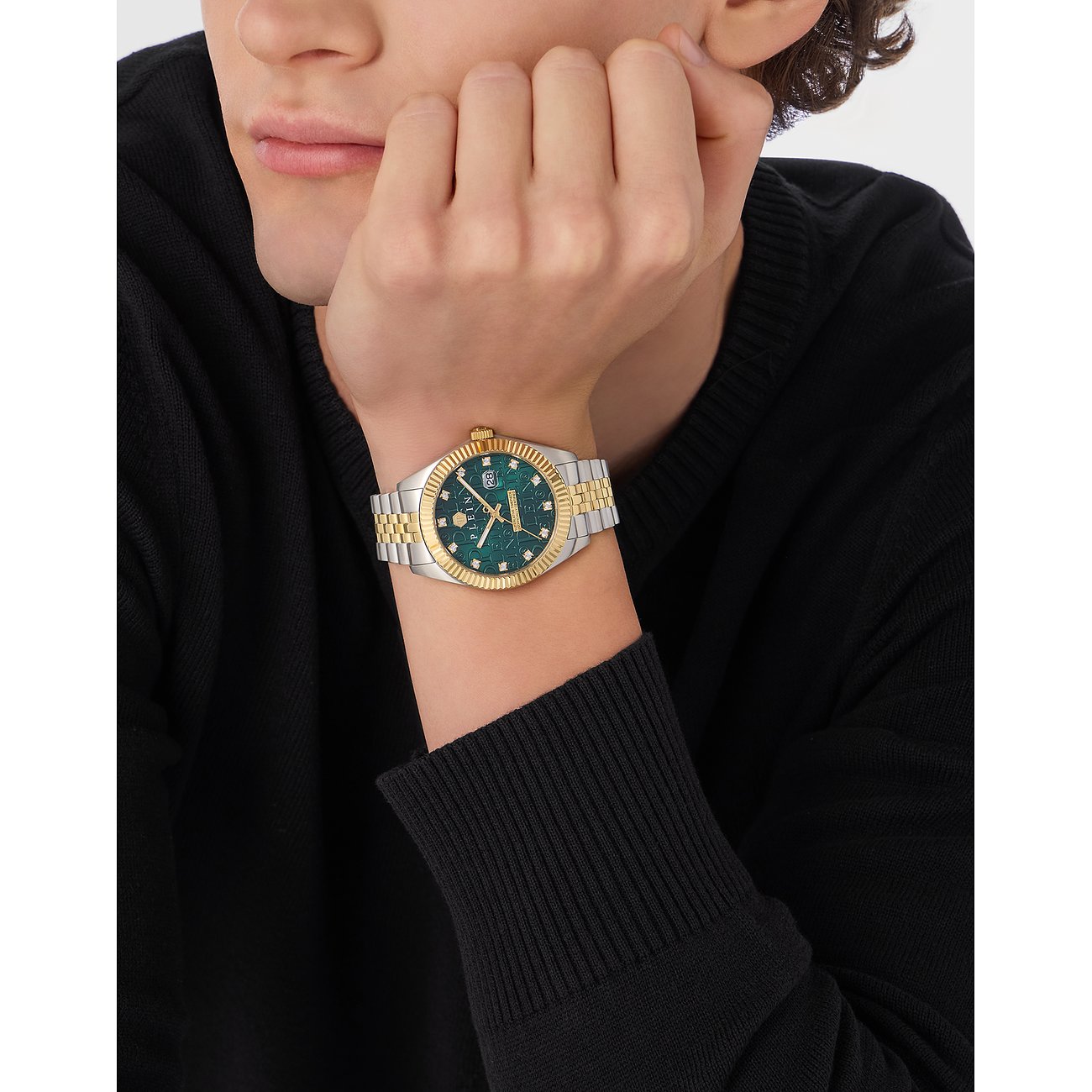 Philipp Plein Herrenuhr mit Edelstahlgehäuse, bicolor, analog, mit Steinen.