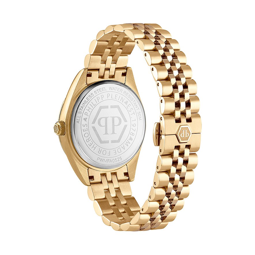 Philipp Plein Herrenuhr aus Edelstahl, goldfarben, mit Gliederarmband.