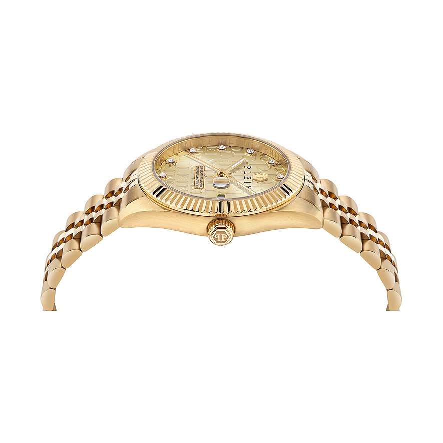 Philipp Plein Herrenuhr mit Edelstahlgehäuse, analog, mit Steinen.