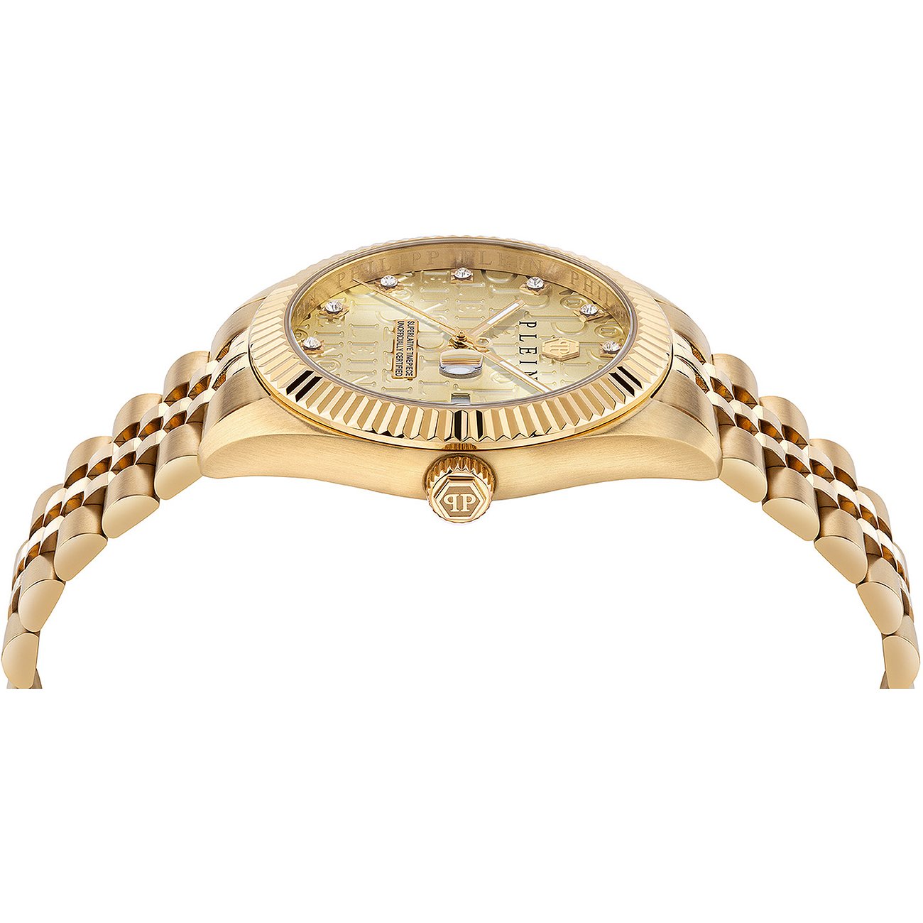 Philipp Plein Herrenuhr mit Edelstahlgehäuse, analog, mit Steinen.