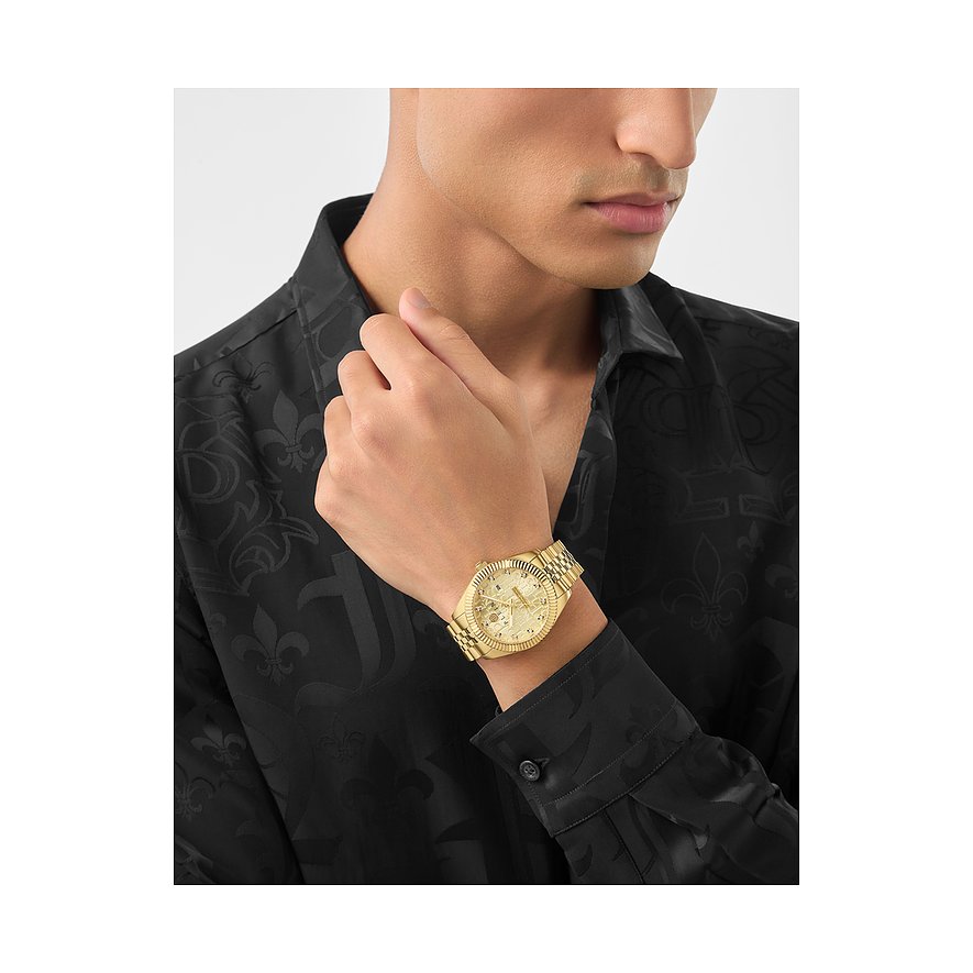 Philipp Plein Herrenuhr mit Edelstahlgehäuse, goldfarben, analog, mit Steinen.