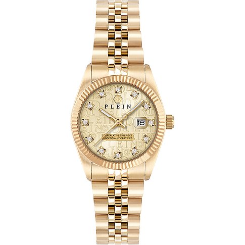 Philipp Plein Damklocka i rostfritt stål, guldfärgad, med stenar, analog.