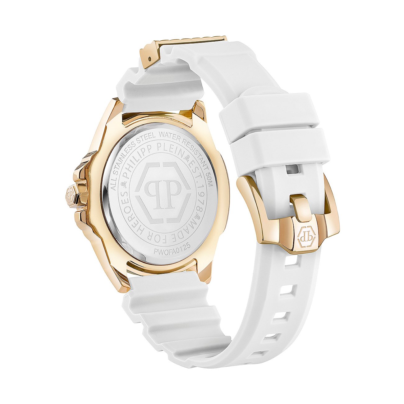 Philipp Plein Damenuhr mit Edelstahlgehäuse, weißem Armband und goldenen Akzenten.