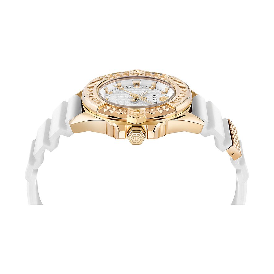 Philipp Plein Damenuhr mit Edelstahlgehäuse, goldfarben, analog, mit Steinen.