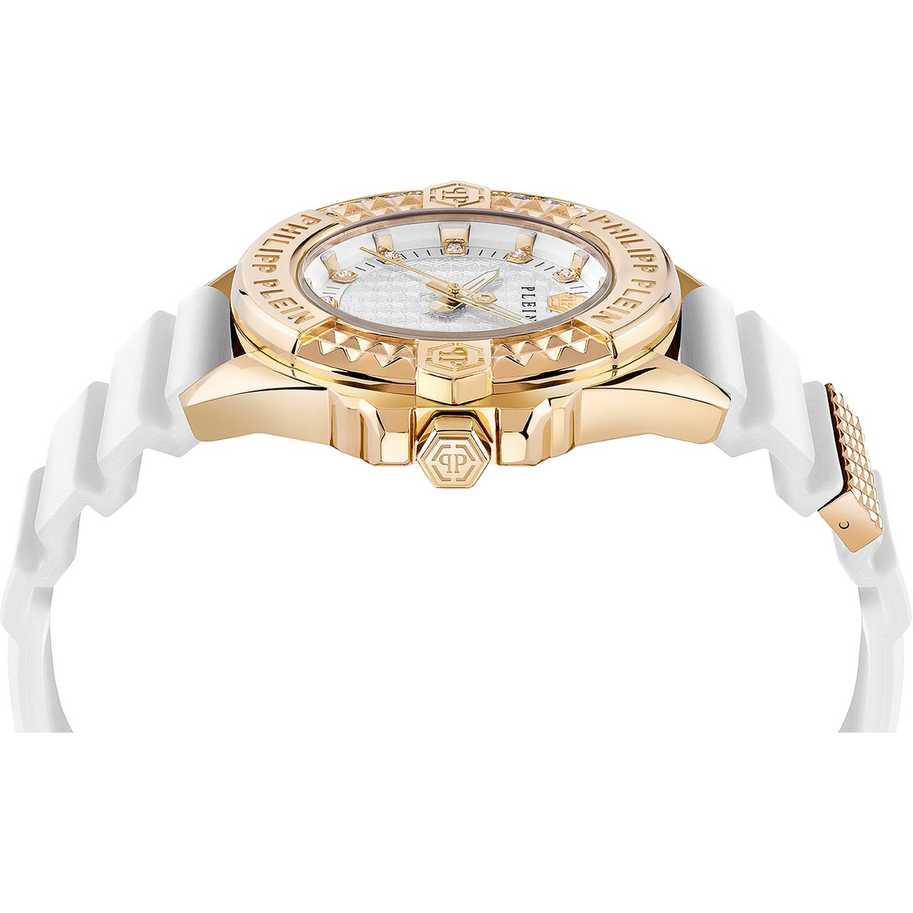 Philipp Plein Damenuhr mit Edelstahlgehäuse, goldfarben, analog, mit Steinen.