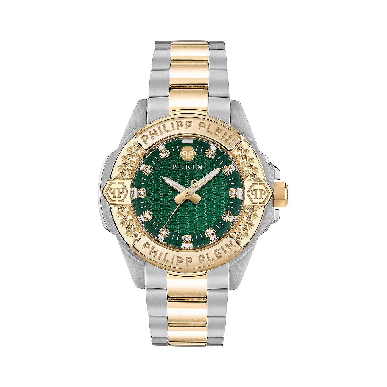 Philipp Plein Damenuhr aus Edelstahl, bicolor, mit grünen Zifferblatt.