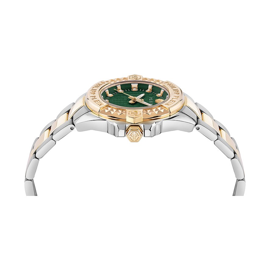 Philipp Plein Damenuhr mit Edelstahlgehäuse, bicolor, mit grünen Zifferblatt und Steinen.