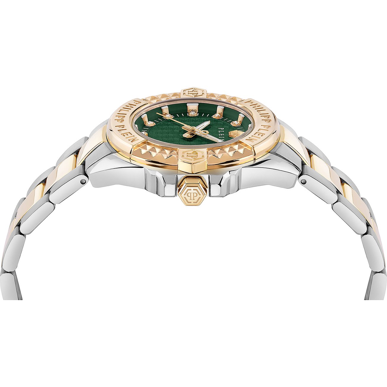 Philipp Plein Damenuhr mit Edelstahlgehäuse, bicolor, mit grünen Zifferblatt und Steinen.