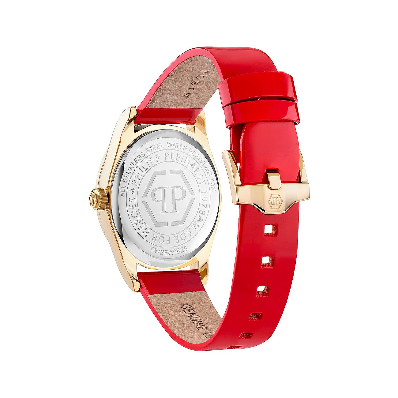 Philipp Plein Damenuhr mit Edelstahlgehäuse, analog, rotem Armband.