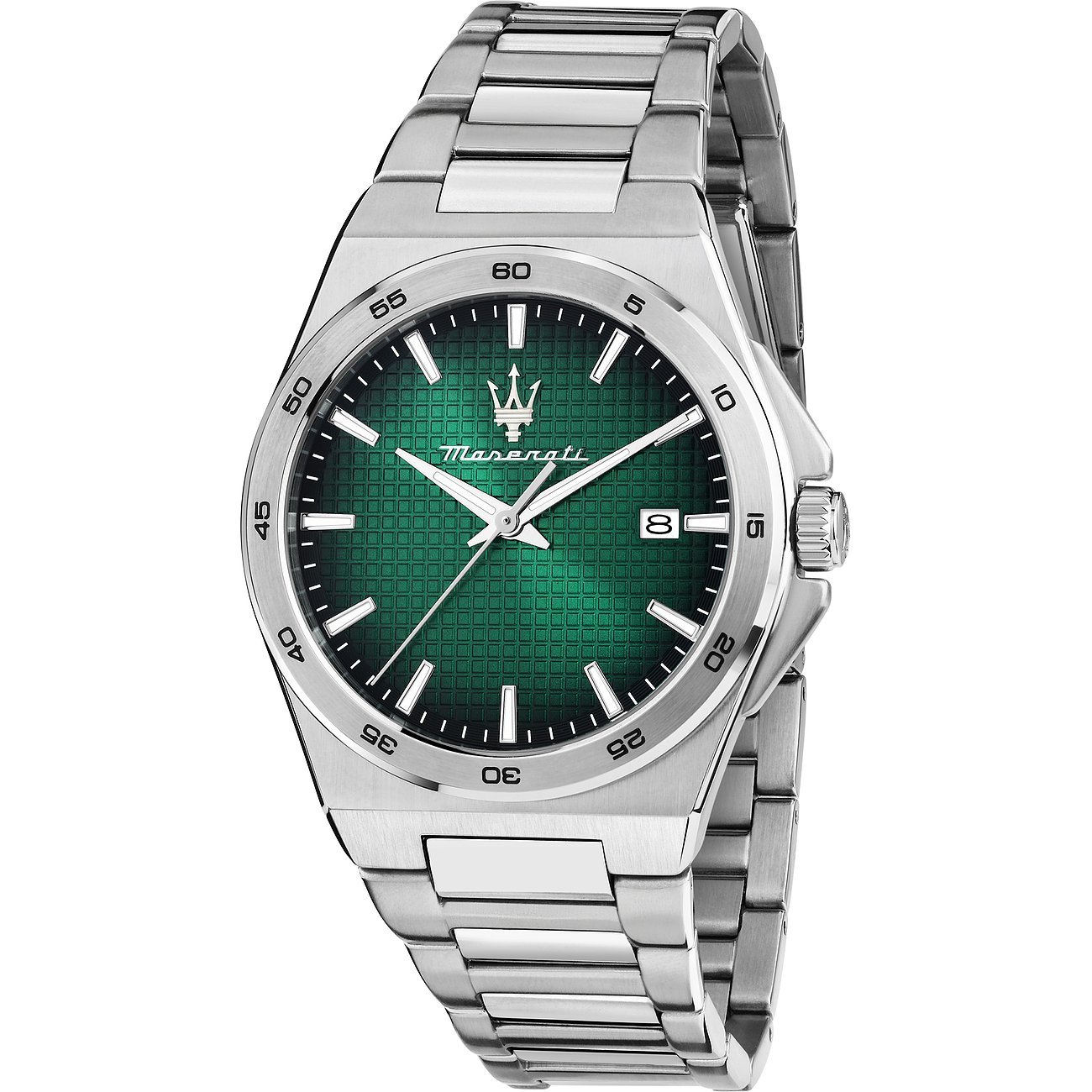 Maserati herenhorloge van roestvrij staal met groene wijzerplaat en zilverkleurige band.