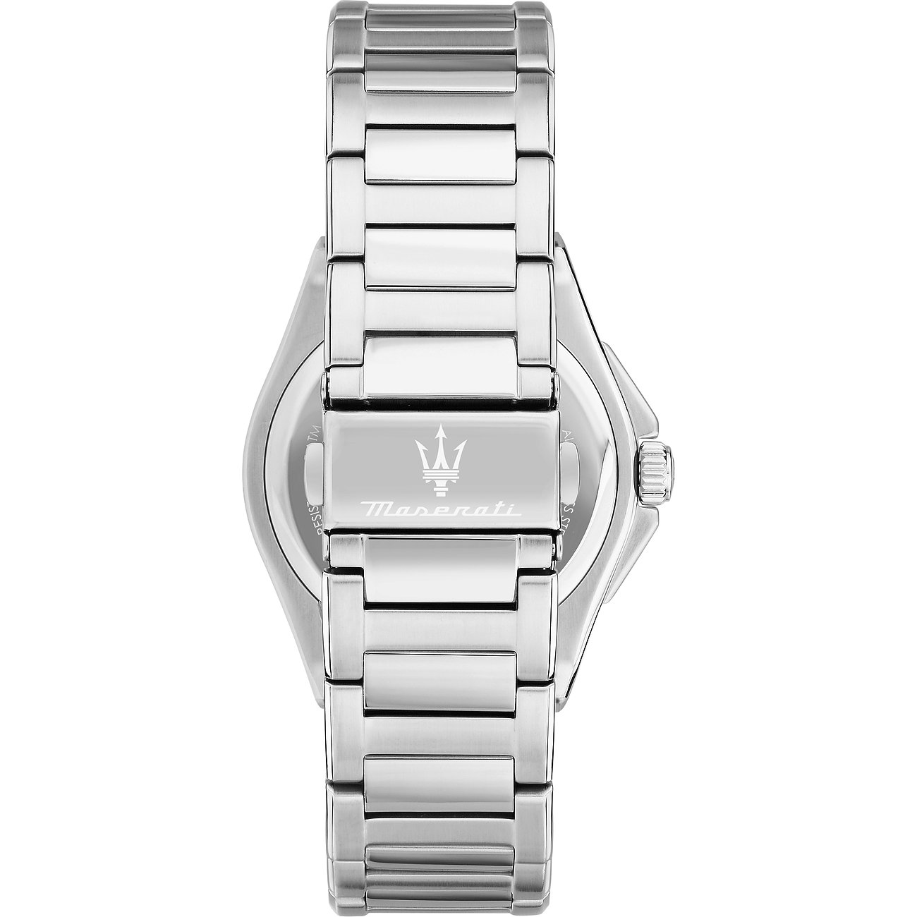 Achteraanzicht van het Maserati herenhorloge van roestvrij staal, met Maserati-logo gegraveerd op de sluiting.