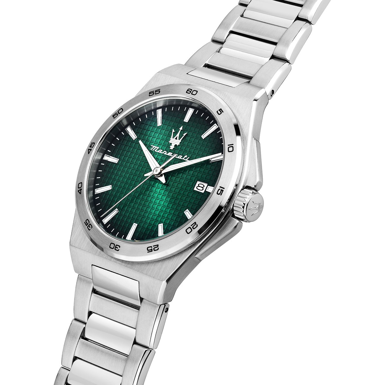 Maserati herenhorloge van roestvrij staal met glanzende smaragdgroene wijzerplaat en zilverkleurige indexen.