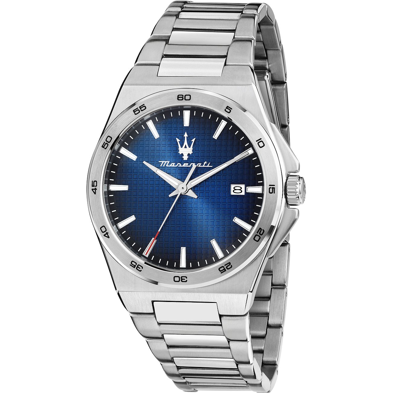 Maserati herenhorloge van roestvrij staal met blauwe wijzerplaat en datumaanduiding, schuin van voren gefotografeerd.