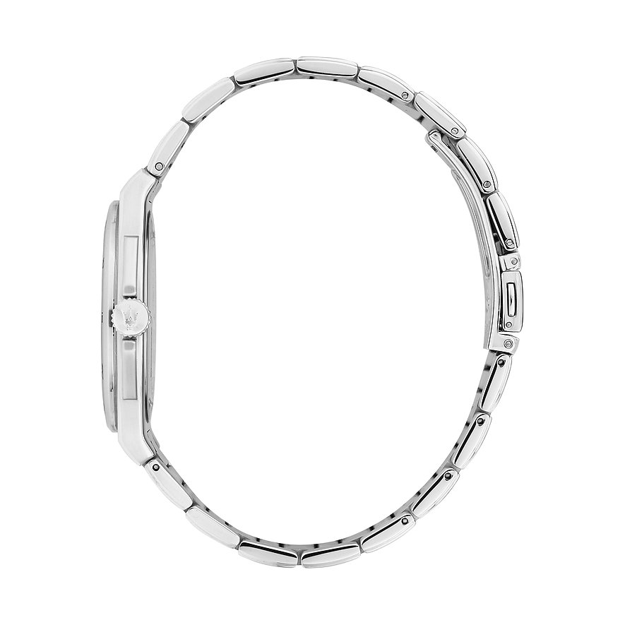Zijaanzicht van een Maserati herenhorloge van roestvrij staal, wijzerplaat en horlogekast in profiel zichtbaar.