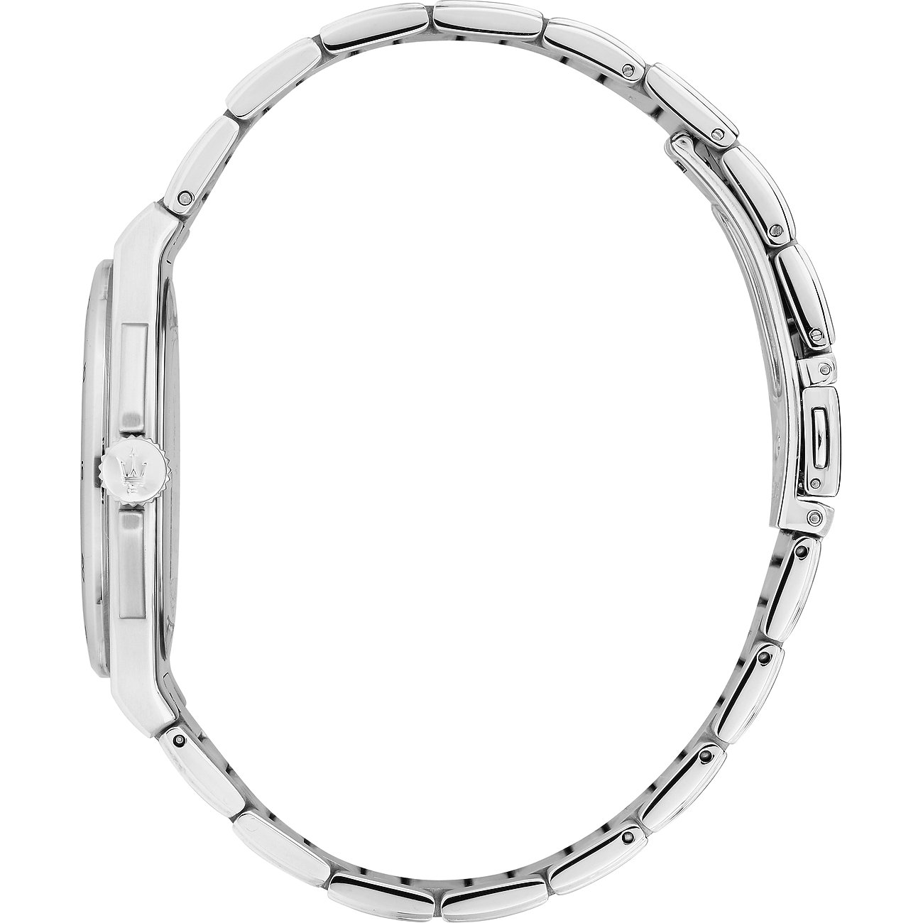 Zijaanzicht van een Maserati herenhorloge van roestvrij staal, wijzerplaat en horlogekast in profiel zichtbaar.