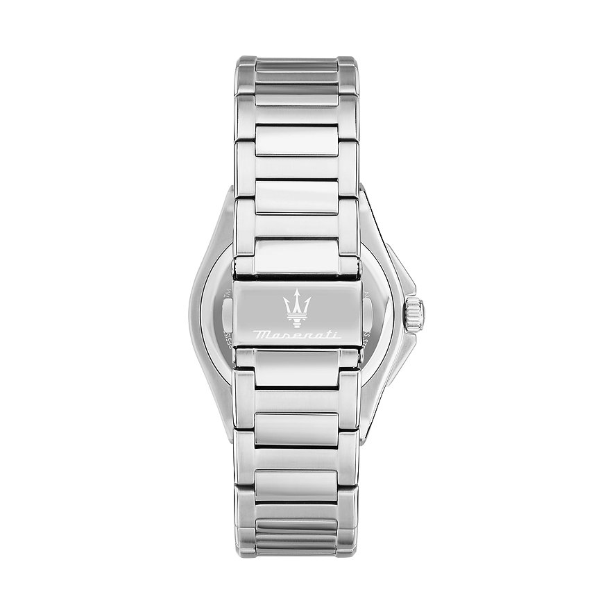 Achteraanzicht van het Maserati herenhorloge van zilverkleurig roestvrij staal met gegraveerd logo op de band.