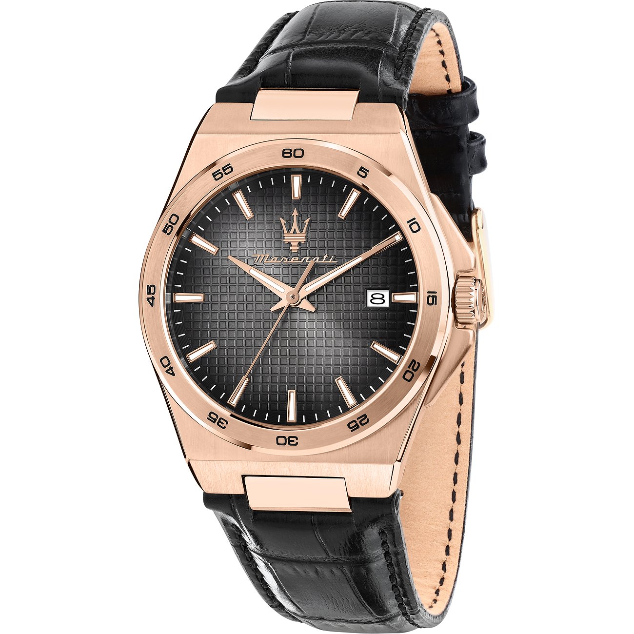 Maserati Herrenuhr aus roségoldfarbenem Edelstahl mit schwarzem Zifferblatt und geprägtem schwarzem Lederarmband.
