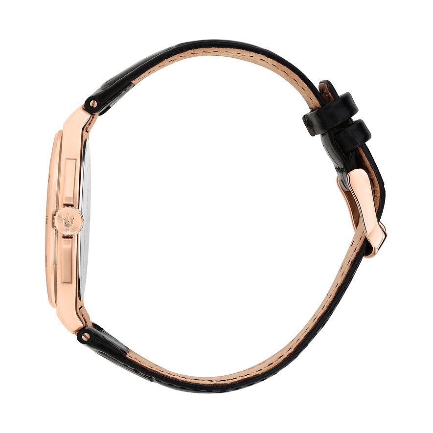 Seitenansicht einer Maserati Herrenuhr aus Edelstahl mit roségoldfarbenem Gehäuse und schwarzem Lederarmband.