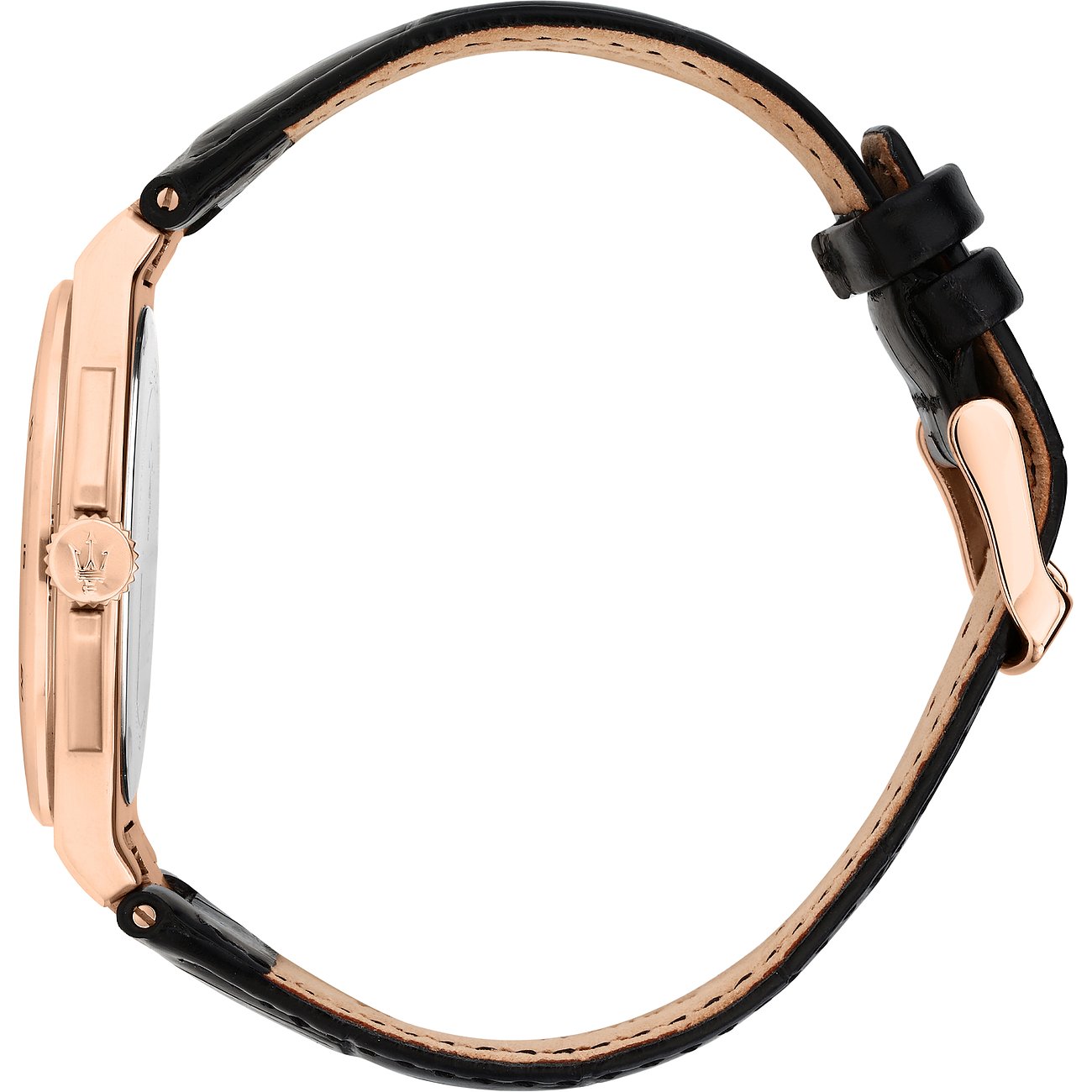 Seitenansicht einer Maserati Herrenuhr aus Edelstahl mit roségoldfarbenem Gehäuse und schwarzem Lederarmband.