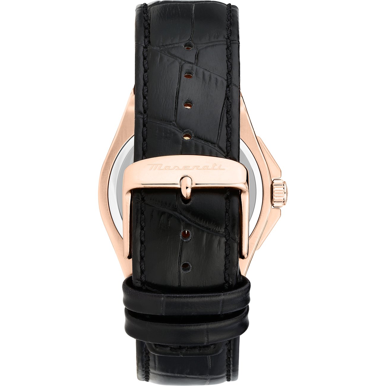 Rückansicht der Maserati Herrenuhr aus roségoldfarbenem Edelstahl mit schwarzem Lederarmband und Dornschließe.