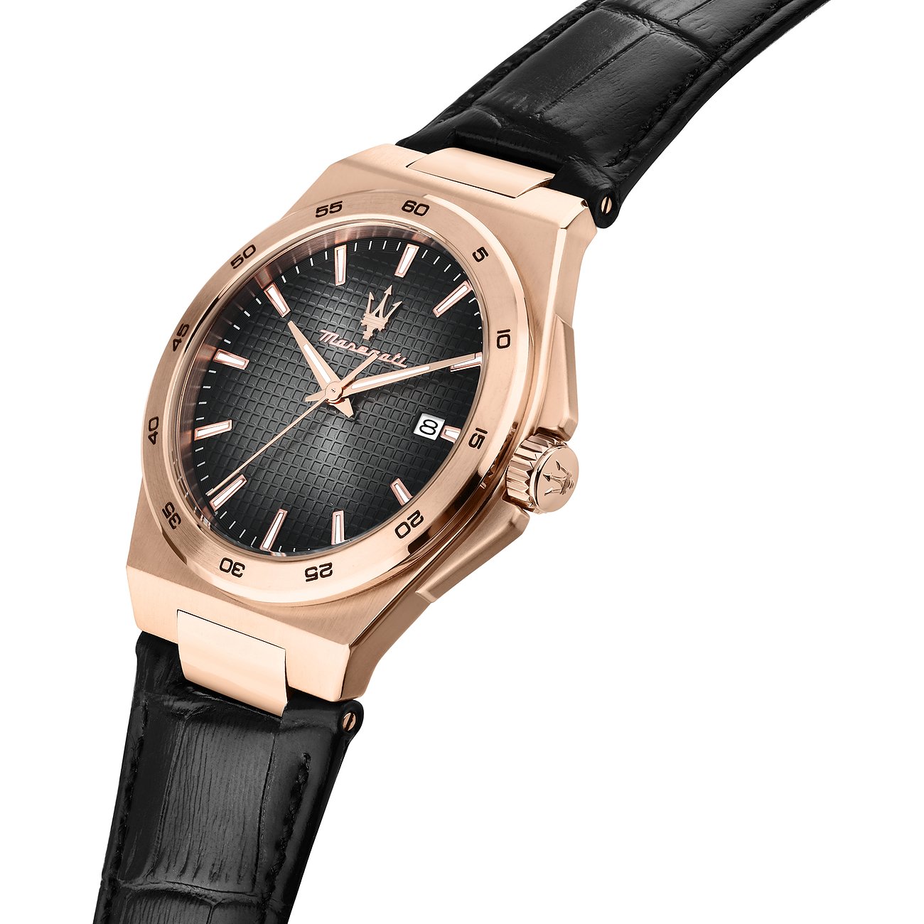 Maserati Herrenuhr aus rosévergoldetem Edelstahl mit schwarzem Zifferblatt und schwarzem Lederarmband.
