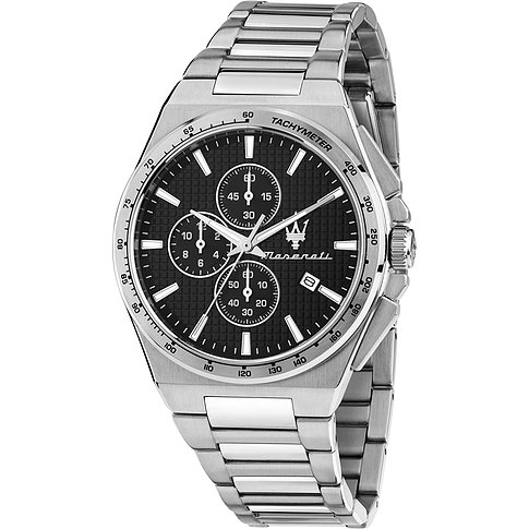 Het Maserati herenhorloge van roestvrij staal toont een zwarte wijzerplaat met chronograaffunctie, schuin bovenaanzicht.