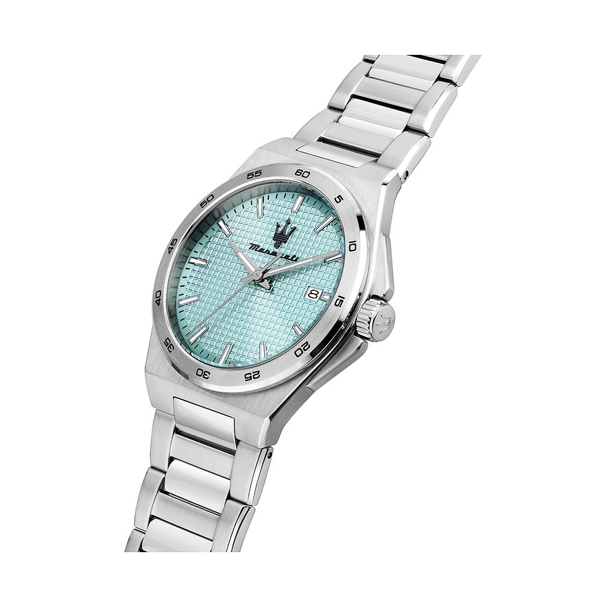 Maserati Herrenuhr aus Edelstahl mit mintfarbenem Zifferblatt und silbernem Band, schräg von oben aufgenommen.