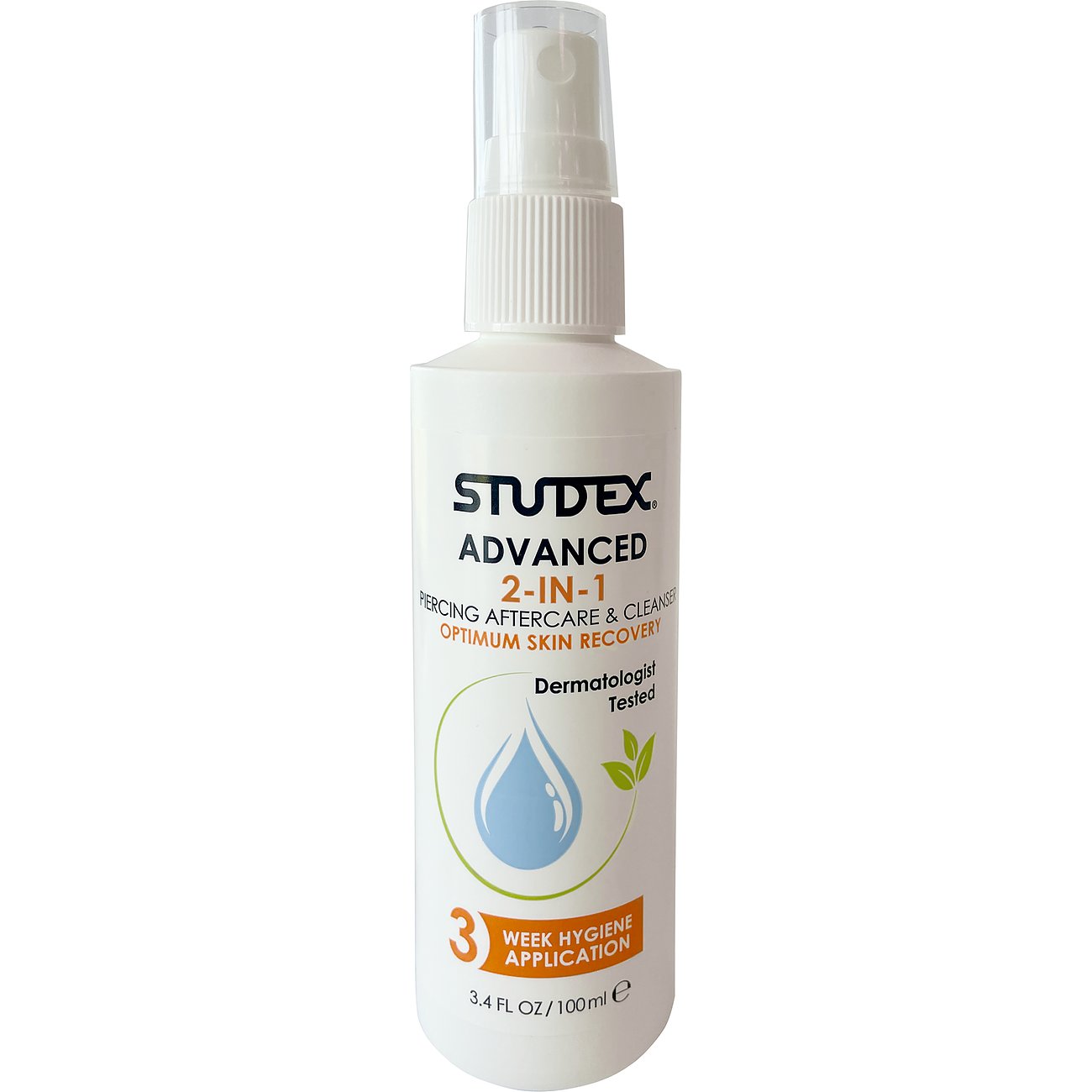 Eine Studex Advanced 2-in-1 Piercing Pflege und Reinigungsspray Flasche mit der Aufschrift „Dermatologisch getestet“.