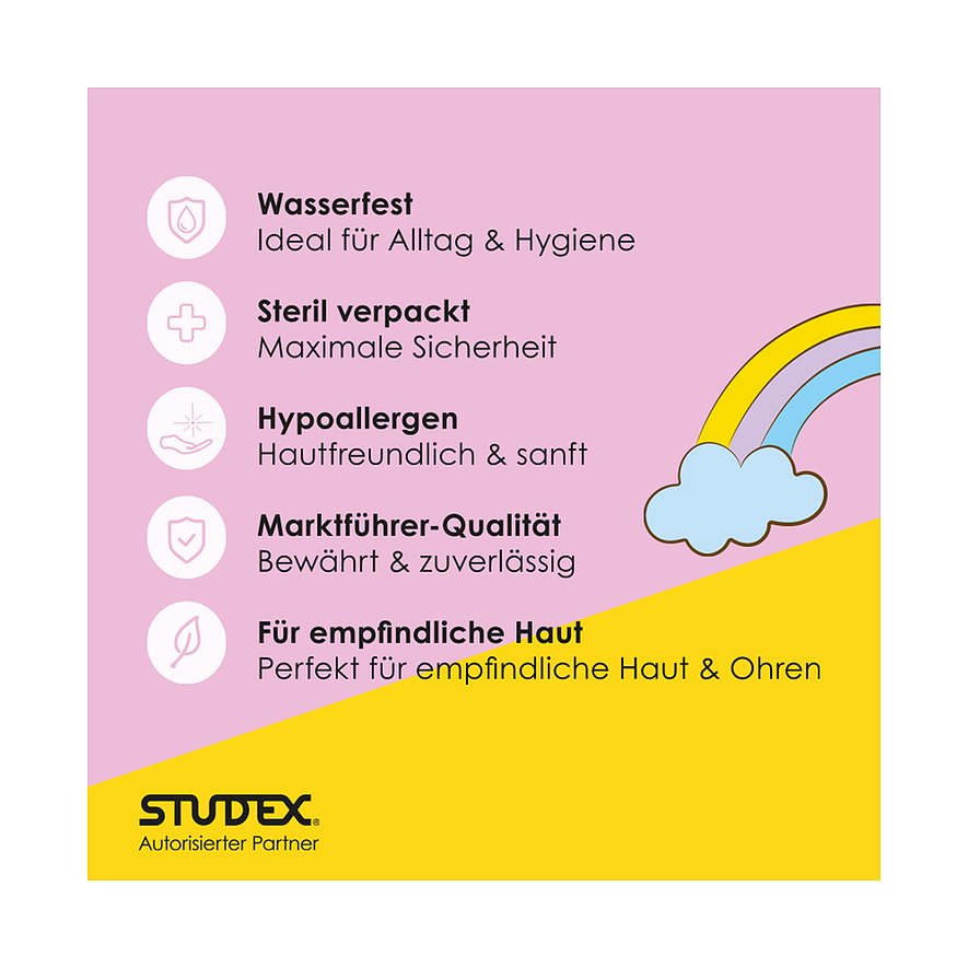 Eine Studex-Infografik zu den Vorteilen ihrer Produkte, einschließlich wasserfest, steril und hypoallergen.