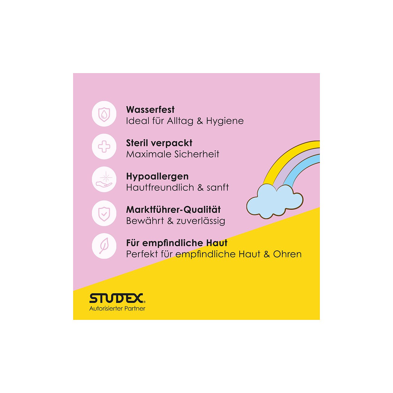 Eine Studex-Infografik zu den Vorteilen ihrer Produkte, einschließlich wasserfest, steril und hypoallergen.