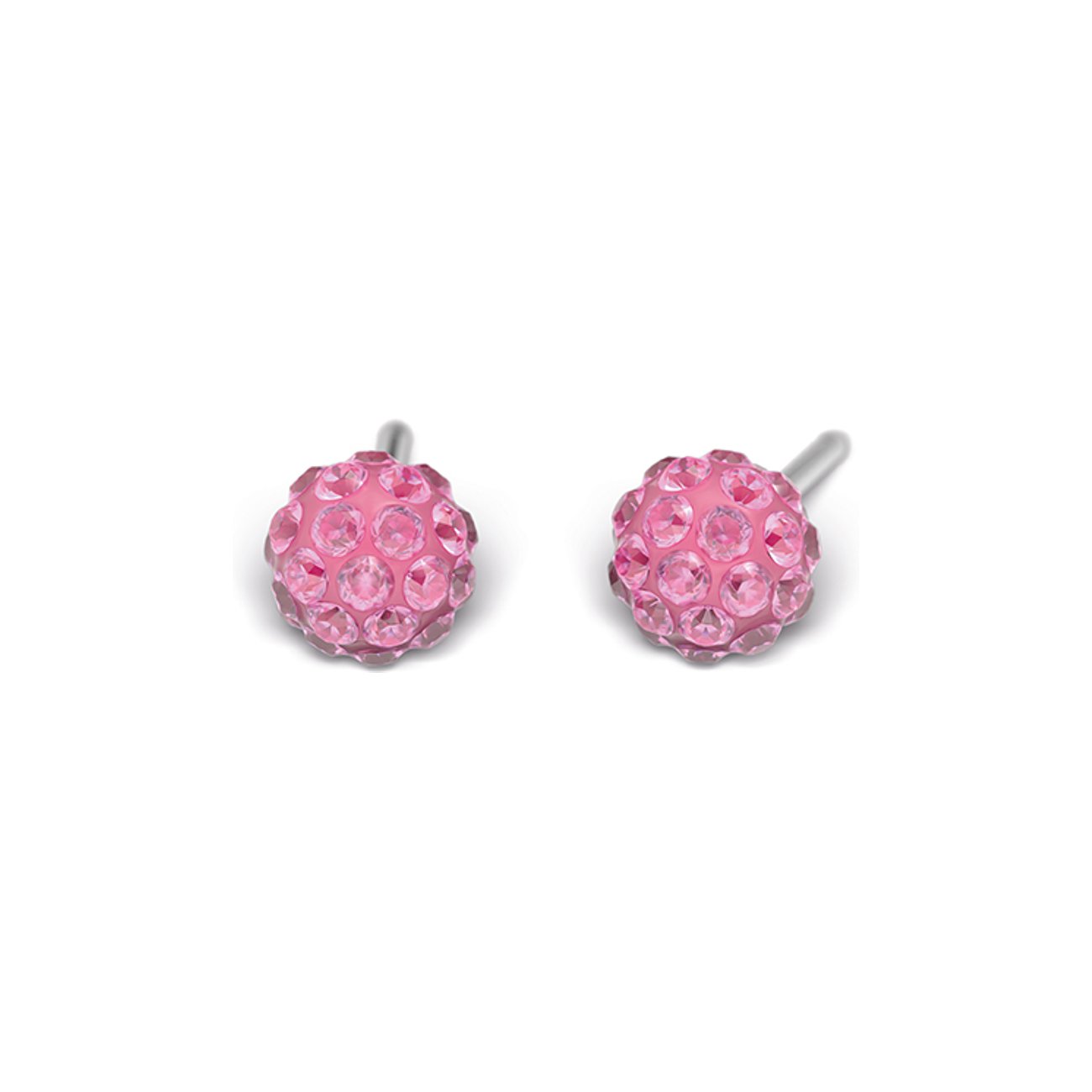 Zwei Studex Ohrstecker aus Chirurgenstahl mit jeweils einer runden Kugel, besetzt mit vielen kleinen rosa Schmucksteinen.