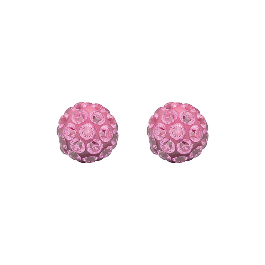Ein Paar Studex Ohrstecker aus Chirurgenstahl mit pinken, runden Schmucksteinen in Shamballa-Optik.